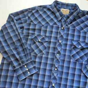 Wrangler Blue Plaid Pearl Snap Western Shirt. Size 3XL